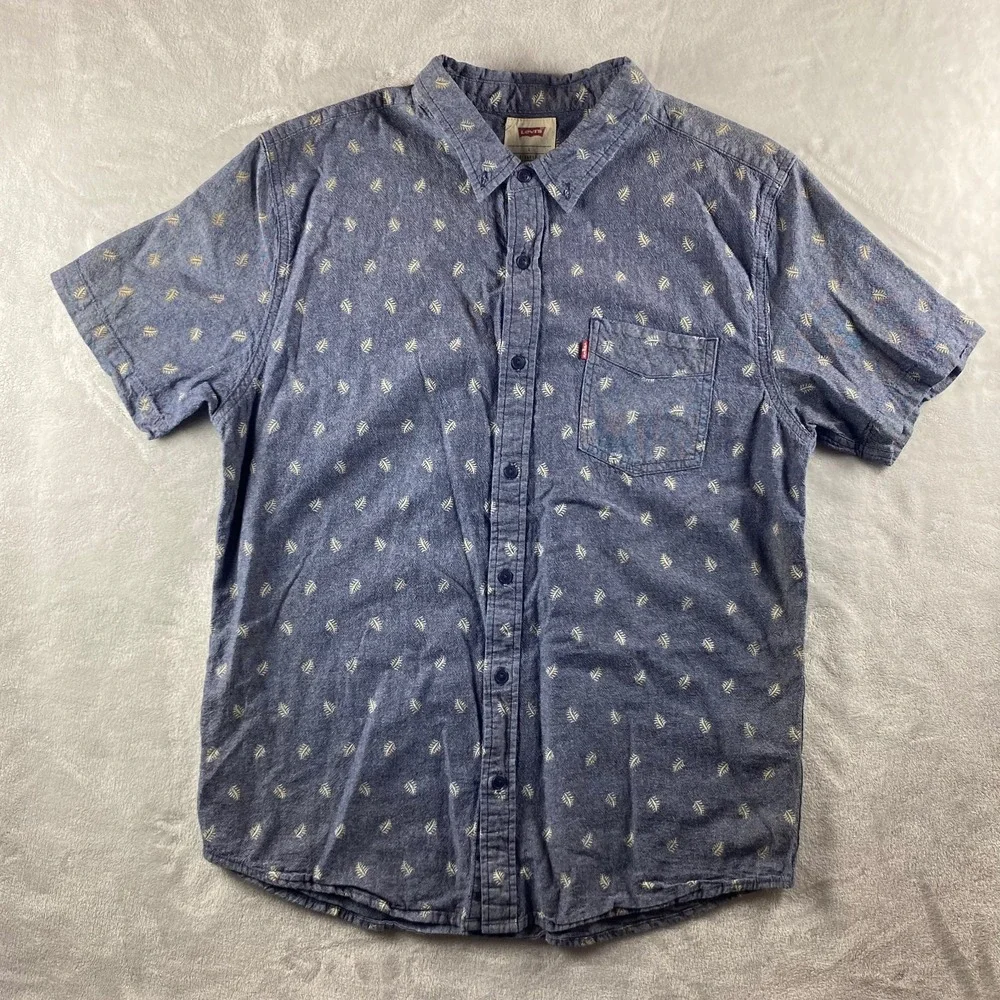 Levi's Mens Large Short Sleeve Button Up Shirt Chambray‎ Denim Leaf Skater